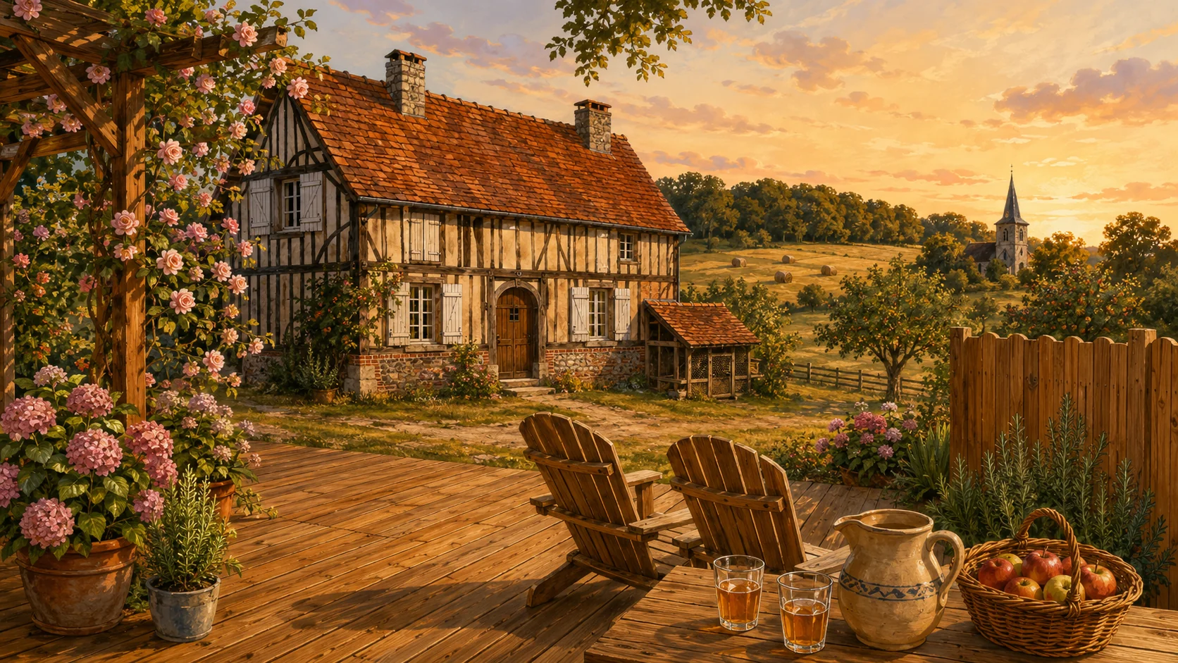 Illustration paysagère du dépôt avec terrasse en bois et clôture